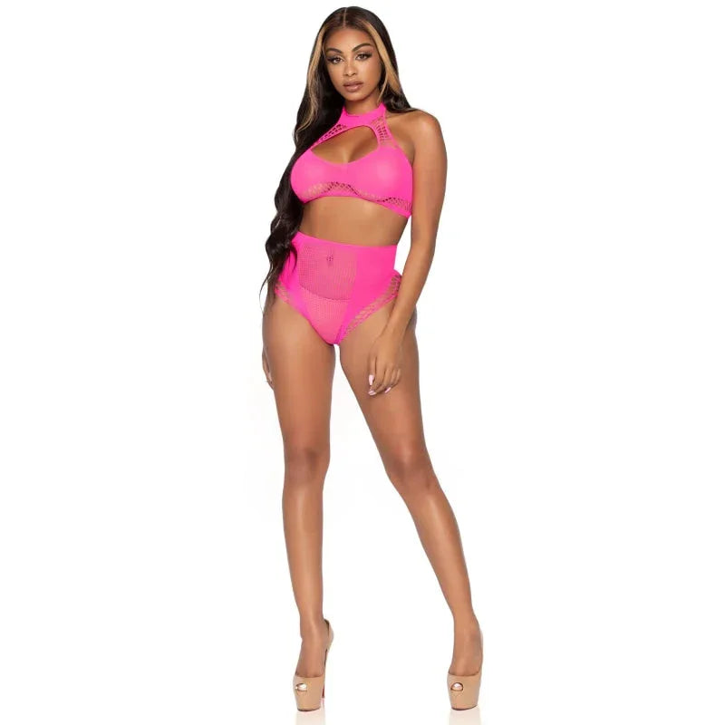 2 Pc. Net Crop Top and High Waist Bottoms - One Size - Neon Pink