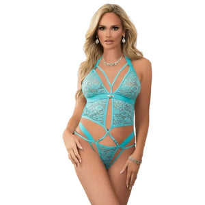 1 Pc Cut Out Lace Halter Teddy - One Size - Blue Dreamer