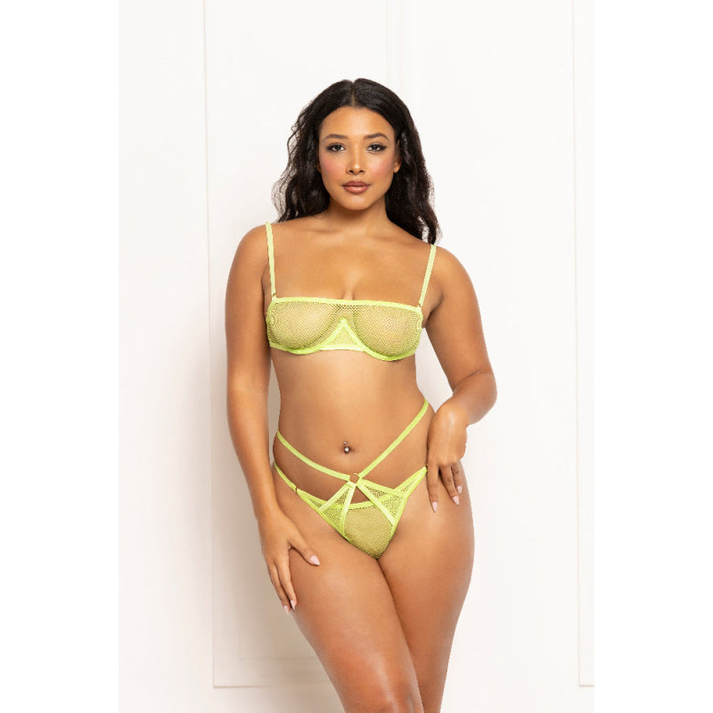 2 Pc Fishnet and Strappy Elastic Bra and Thong Set - One Size - Lime