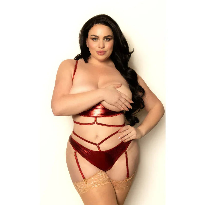 2 Pc Lame Bra and Panty - Queen Size - Red - MyPleasure