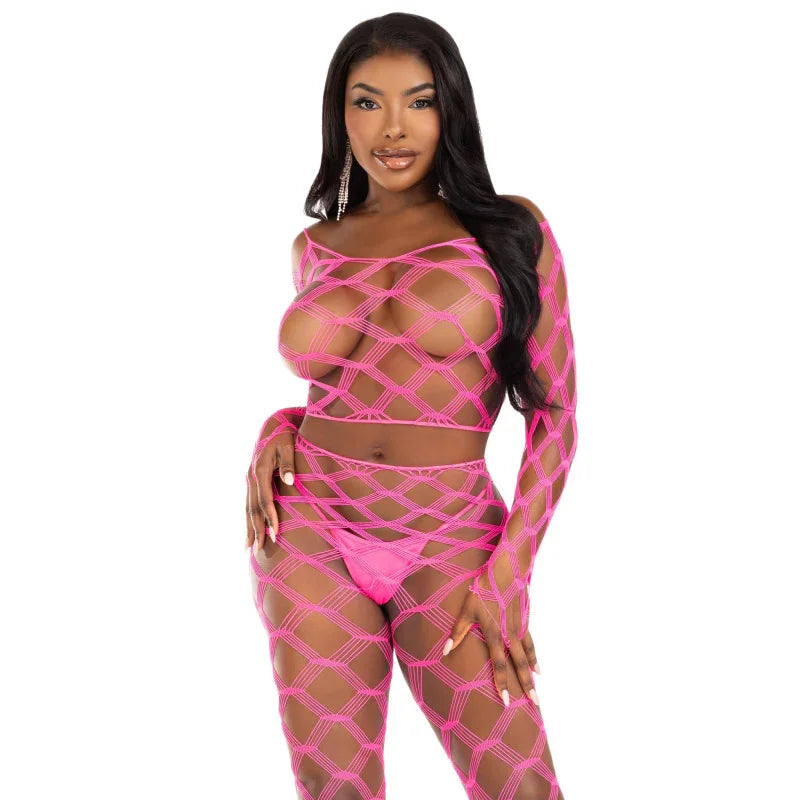 2 Pc Net Crop Top and Footless Tights - One Size - Neon Pink - MyPleasure