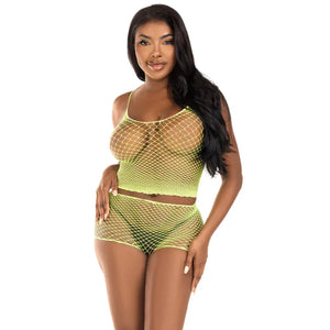 2 Pc Net Tank Top With Boy Shorts - One Size - Lime - MyPleasure