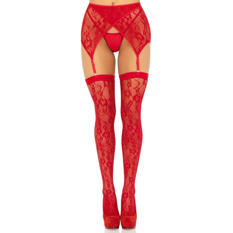 2 Pc Rachel Lace Thigh High and Crossover Garter Belt - One Size - Red