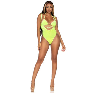2 Pc. Rhinestone Wrap Around Bikini Top and Suspender Body Suit - One Size - Neon Yellow - MyPleasure