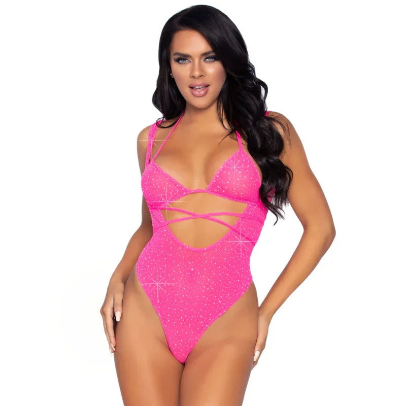 2 Pc. Rhinestone Wrap Around Bikini Top and Suspender Bodysuit - One Size - Neon Pink - MyPleasure