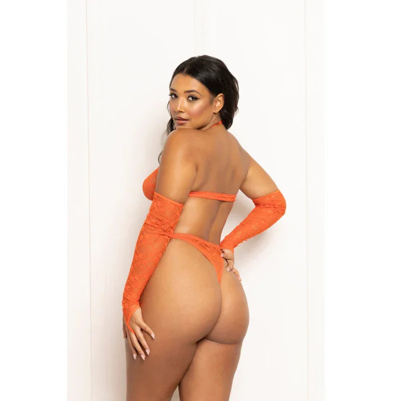 3 Pc Lace Bralette and Thong With Gloves Set - One Size - Tangerine - MyPleasure