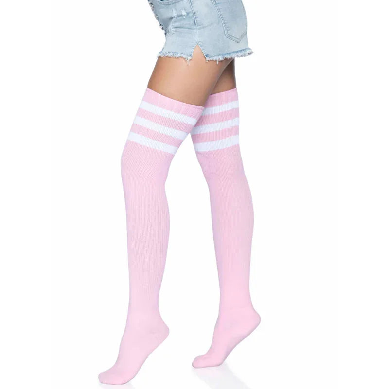 3 Stripes Athletic Ribbed Thigh Highs - One Size - - One Size - Light Pink - MyPleasure