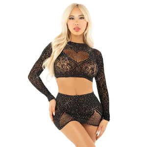 Black 2pc Rhinestone Lace and Net Crop Top with - Heart Keyhole Mini Skirt - Os - MyPleasure