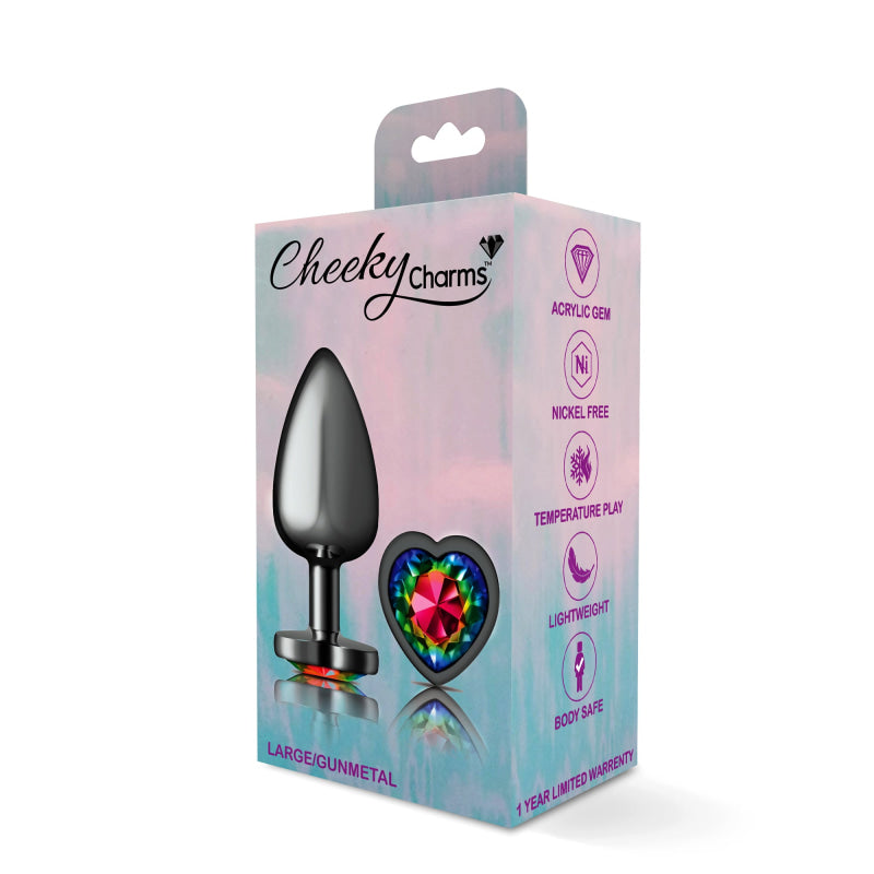 Cheeky Charms - Gunmetal Metal Butt Plug - Heart - Rainbow - Large