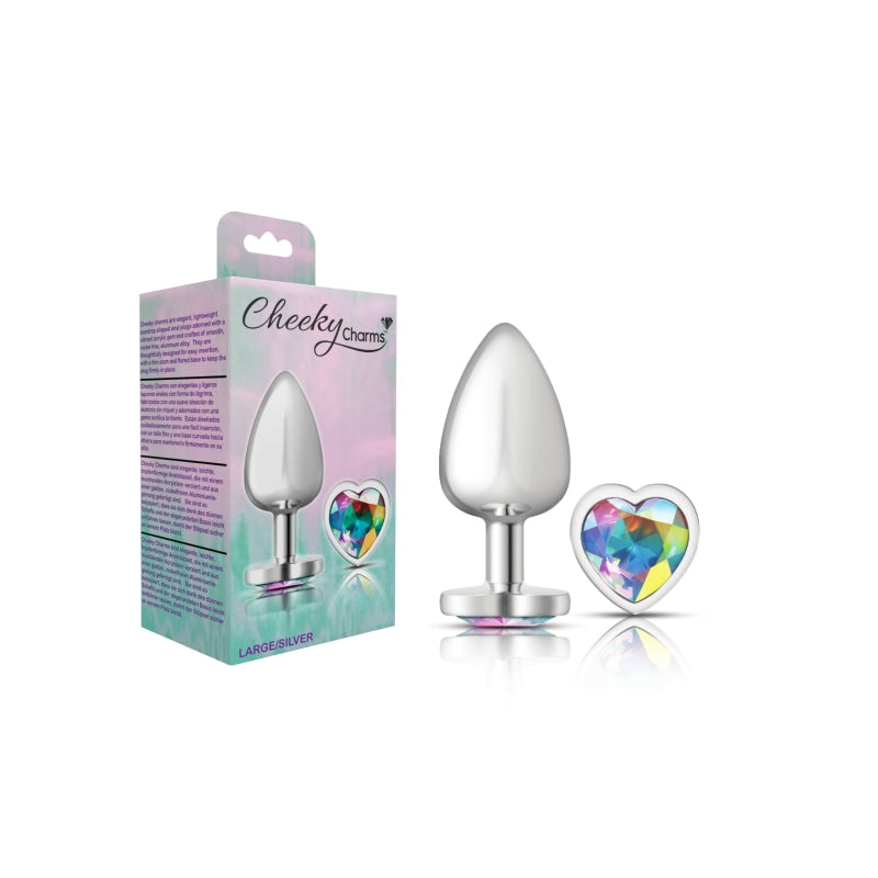 Cheeky Charms - Silver Metal Butt Plug - Heart - Clear - Large - Anal Toys & Stimulators