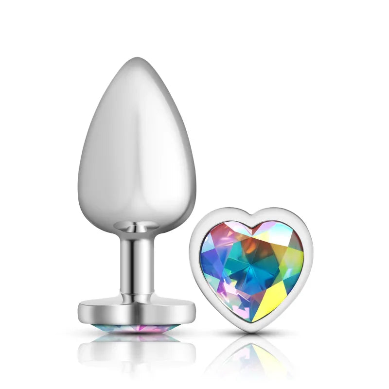 Cheeky Charms - Silver Metal Butt Plug - Heart - Clear - Large - MyPleasure