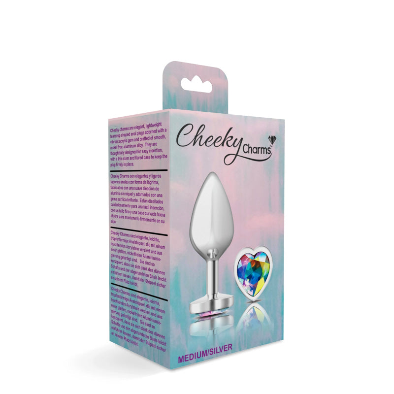 Cheeky Charms - Silver Metal Butt Plug - Heart - Clear - Medium