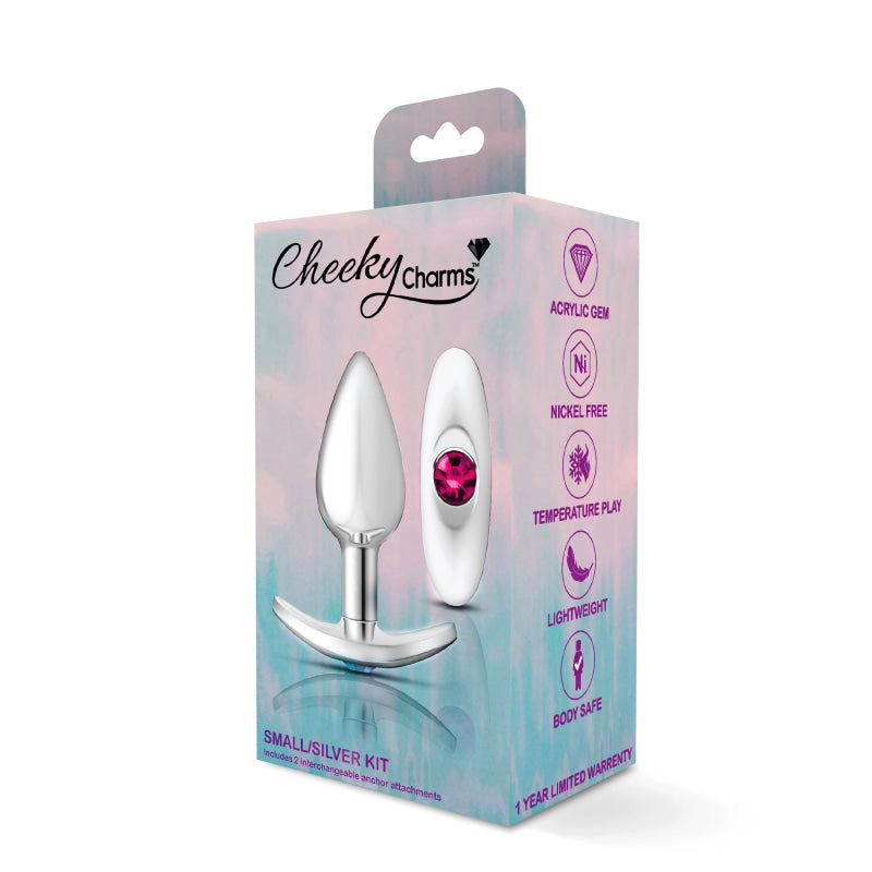 Cheeky Charms - Silver Metal Butt Plug Kit - Clear/ Bright Pink