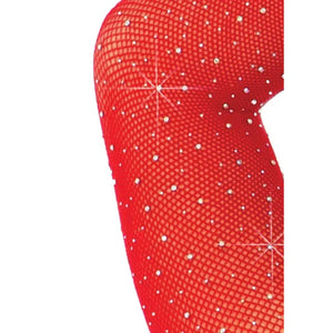 Crystalized Long Sleeve Fishnet Thong Back Bodysuit - One Size - Red - MyPleasure