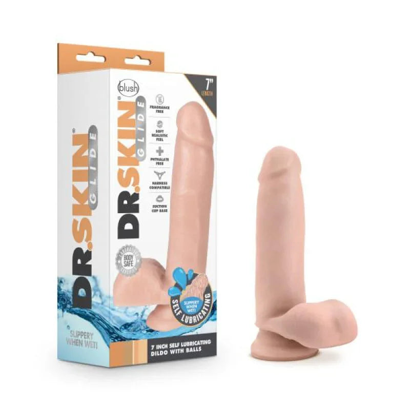 Dr. Skin Glide - 7 Inch Self Lubricating Dildo With Balls - Vanilla - MyPleasure