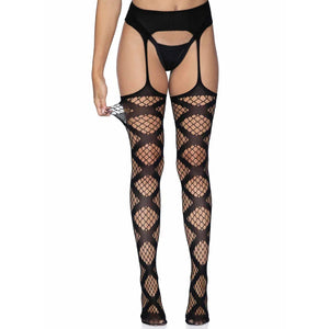 Faux Wrap Industrial Net Garter Belt Stockings - Stockings -One Size - Black - MyPleasure
