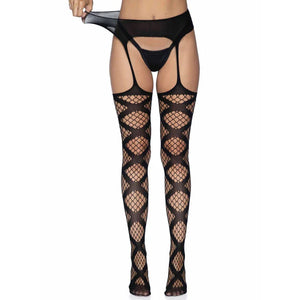 Faux Wrap Industrial Net Garter Belt Stockings - Stockings -One Size - Black - MyPleasure