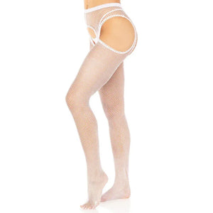 Fishnet Suspender Hose With Scalloped Trim - One Size - White - MyPleasure