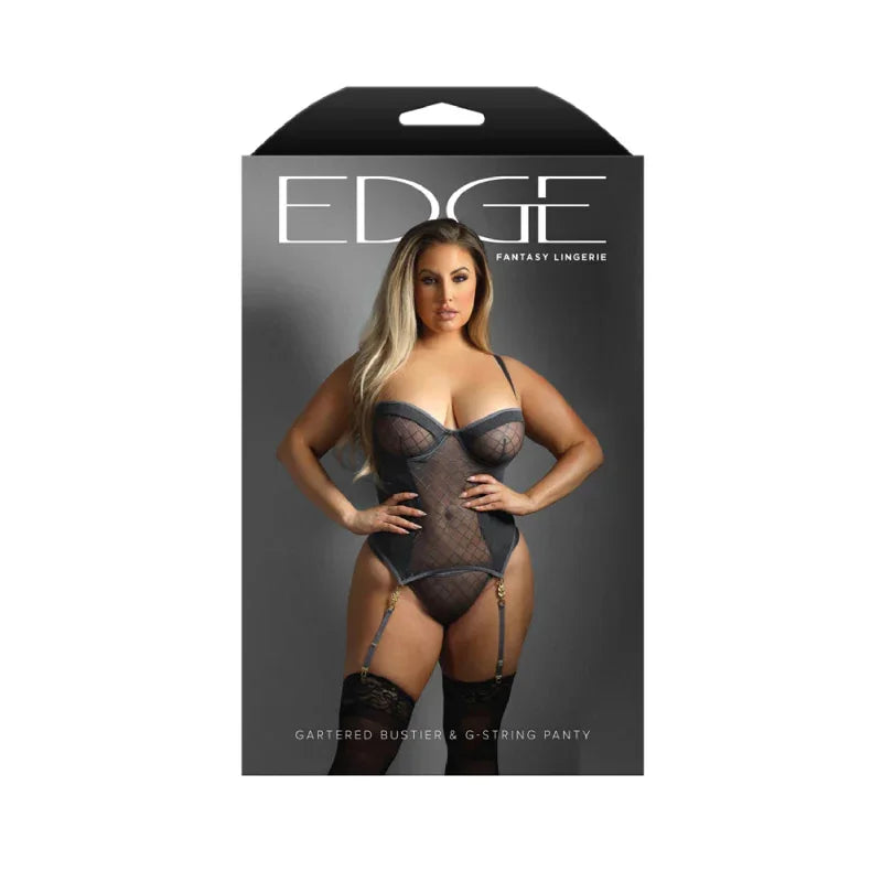Gartered Bustier and G-String Panty - Queen Size - - Gray - MyPleasure