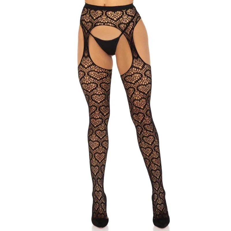 Heart Net Suspender Pantyhose - One Size - Black - MyPleasure