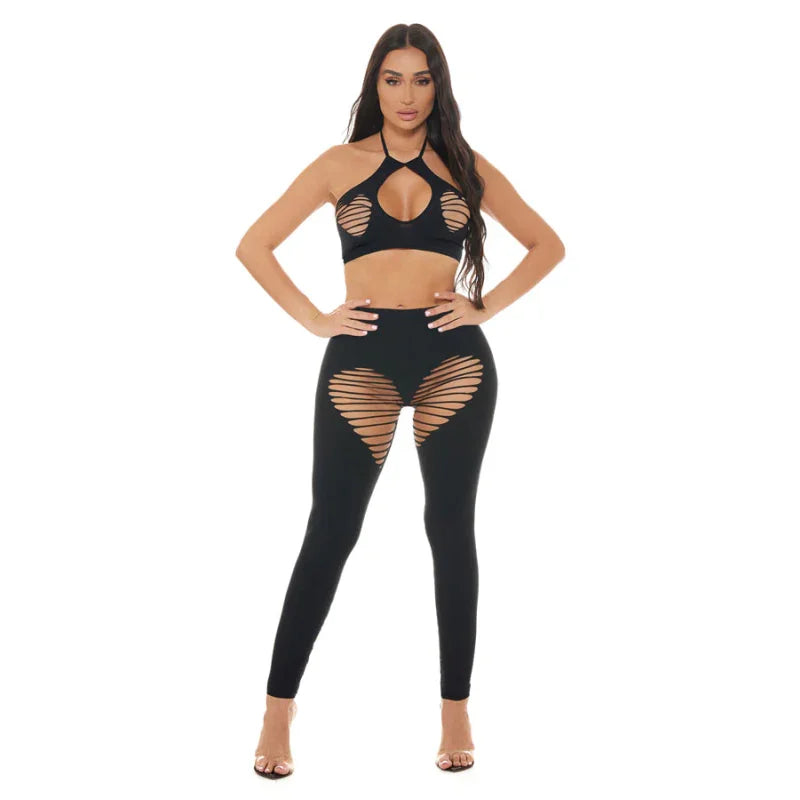 Heart Rate Halter Bra and Legging 2 Piece Set - Black - Os - MyPleasure