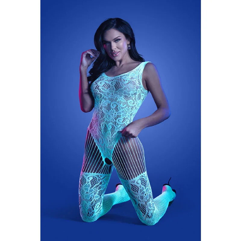 Illuminate Crotchless Teddy Bodystocking - One Size - White/blue - MyPleasure