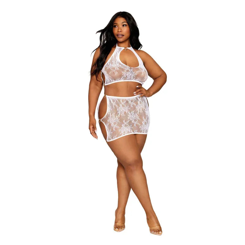 Lace Bralette and Mini Skirt Set - Queen Size - White - MyPleasure