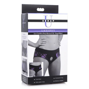 Lace Envy Crotchless Panty Harness - L/ XL Purple and Black - MyPleasure
