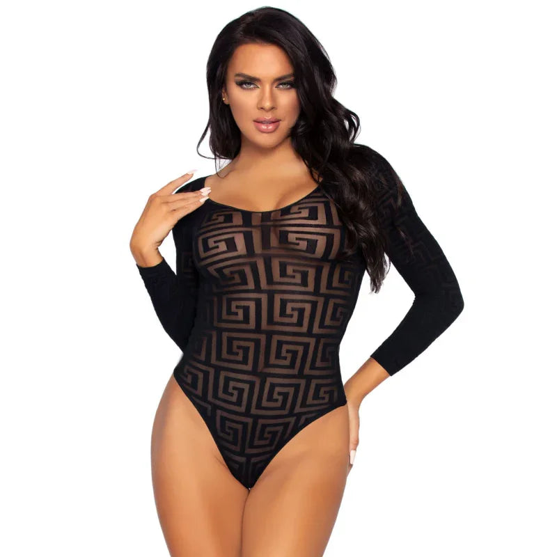 Mosaic Snap Crotch Bodysuit - One Size - Black - MyPleasure
