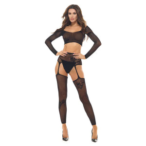 Permanent Mark Long Sleeve Top and Garter Bodystocking Black - Os - MyPleasure