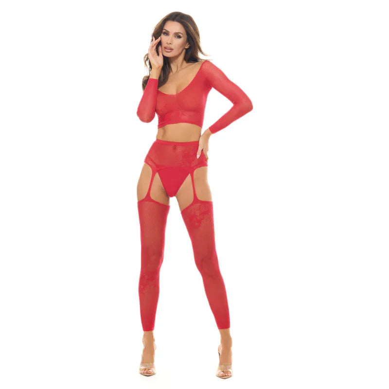 Permanent Mark Long Sleeve Top and Garter Bodystocking Red - Os - MyPleasure