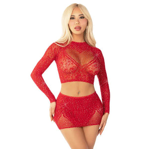 Red 2pc Rhinestone Lace and Net Crop Top with - Heart Keyhole Mini Skirt - Os - MyPleasure