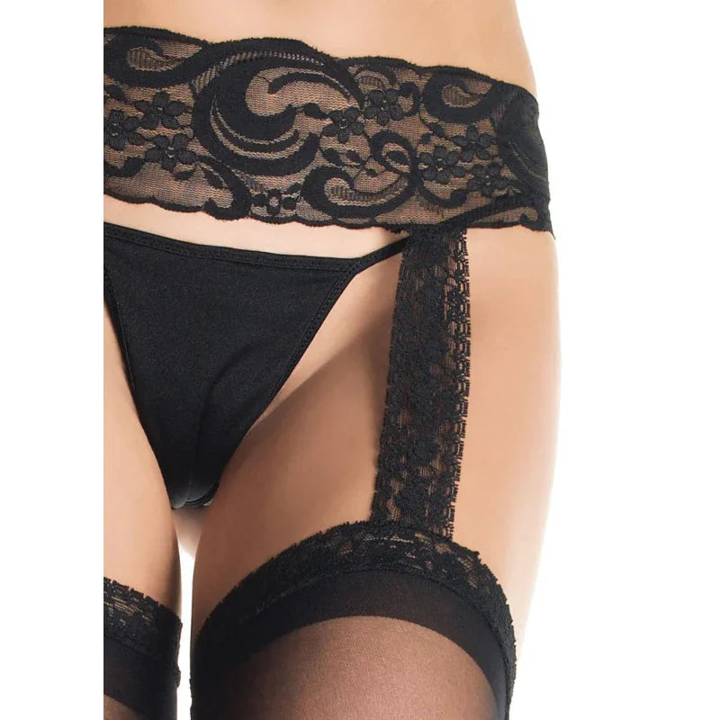 Sheer Lace Top Stockings With Attached Lace Garter Belt - Queen Size - Black - MyPleasure