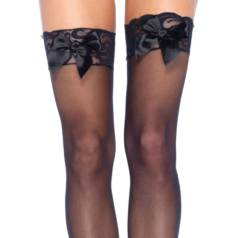 Sheer Lace Top Thigh Highs With Satin Bow Accent - One Size - Black - MyPleasure