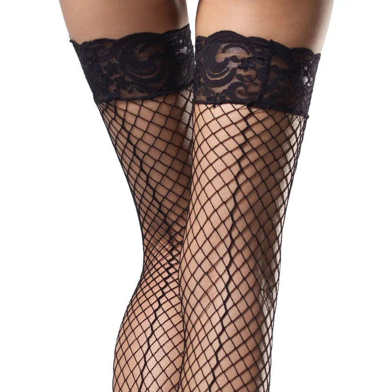 Stay Up Industrial Net Backseam Thigh Highs With Lace Top and Satin Bow Accent - One Size - Black - MyPleasure