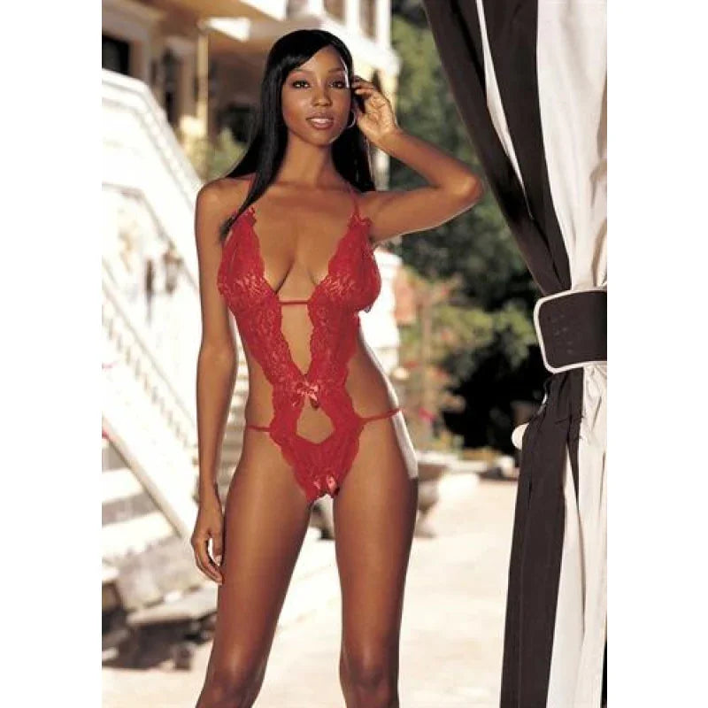 Stretch Lace Peek-a-Boo With Bows - One Size - Red - MyPleasure