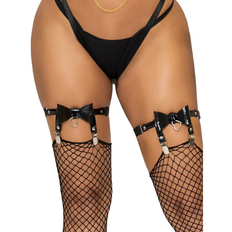 Vegan Leather Bow Garter - One Size - Black - MyPleasure