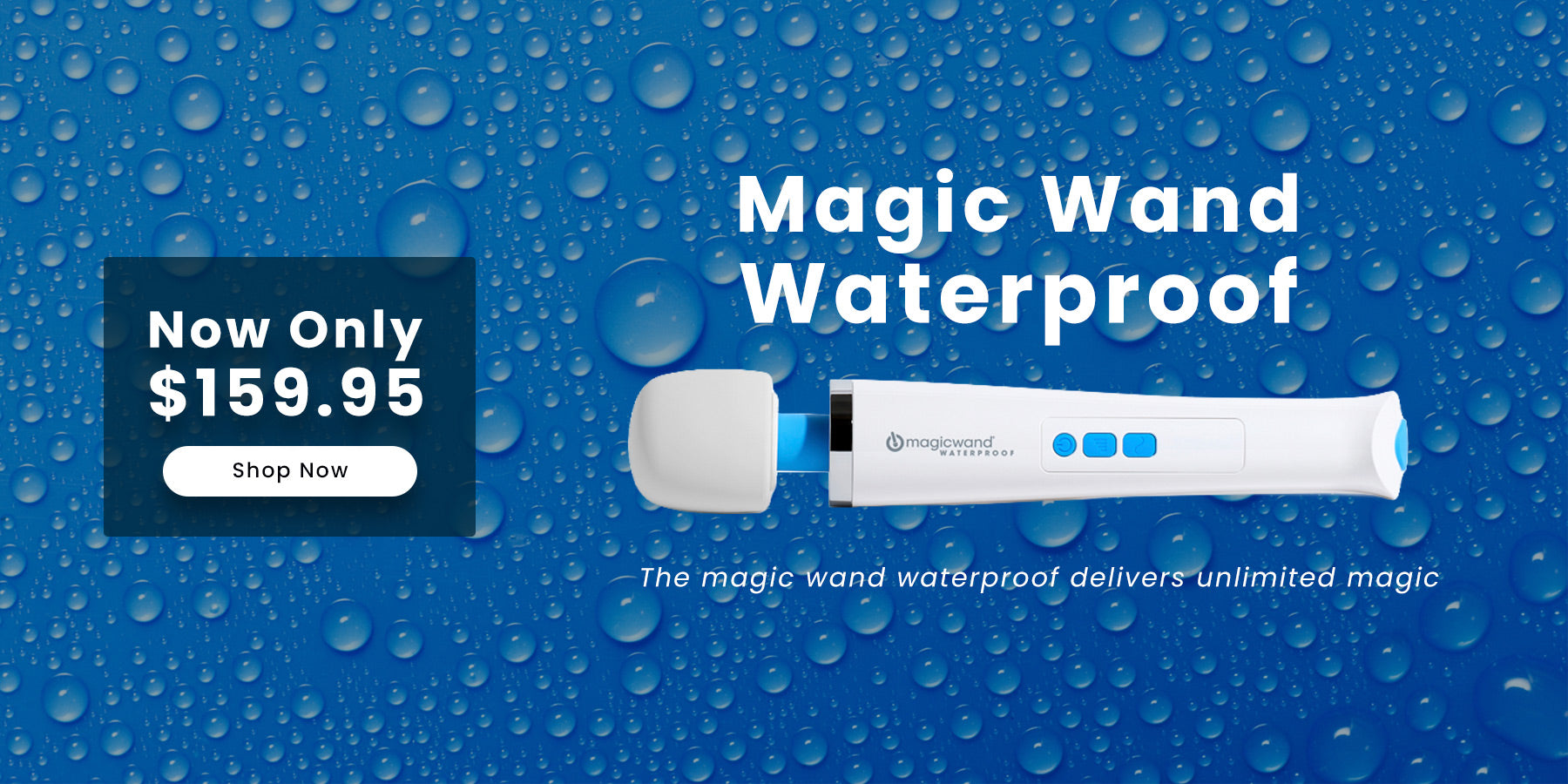 Magic Wand Waterproof product with price and 'Shop Now' button on a blue background with water droplets.