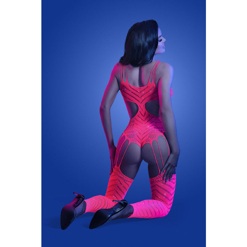 Wavelength Cutout Rhinestone Teddy Bodystocking -  One Size - Neon Pink