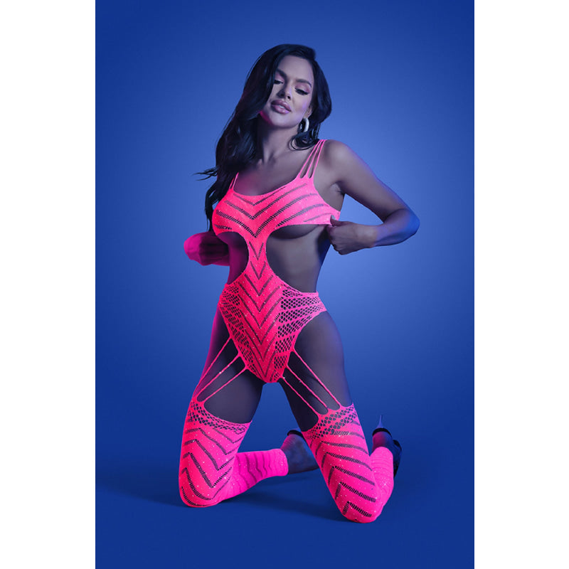Wavelength Cutout Rhinestone Teddy Bodystocking -  One Size - Neon Pink