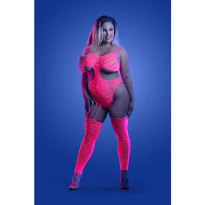 Wavelength Cutout Rhinestone Teddy Bodystocking - Queen - Neon Pink