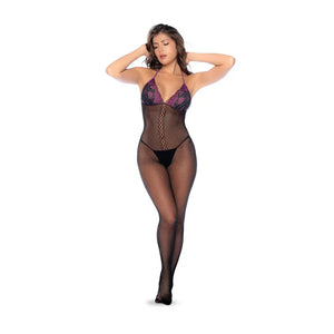 Whispered Lace Fishnet Bodystocking - Os - Black/purple - MyPleasure