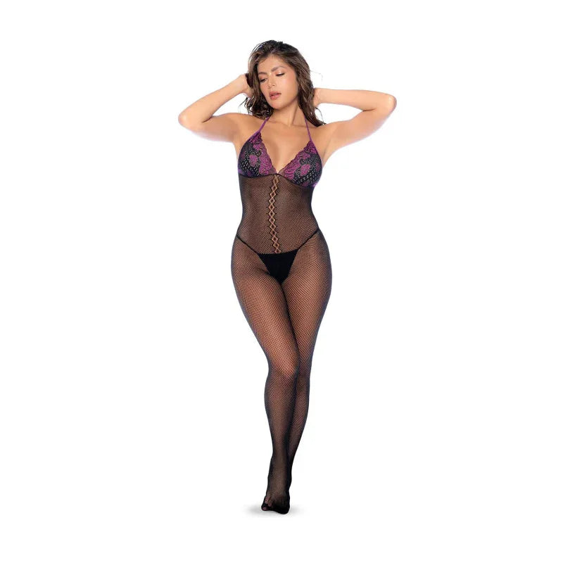 Whispered Lace Fishnet Bodystocking - Os - Black/purple - MyPleasure