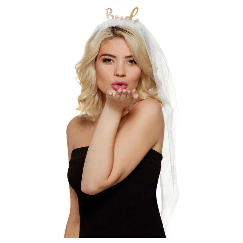 White and Gold Bride Headband With Viel
