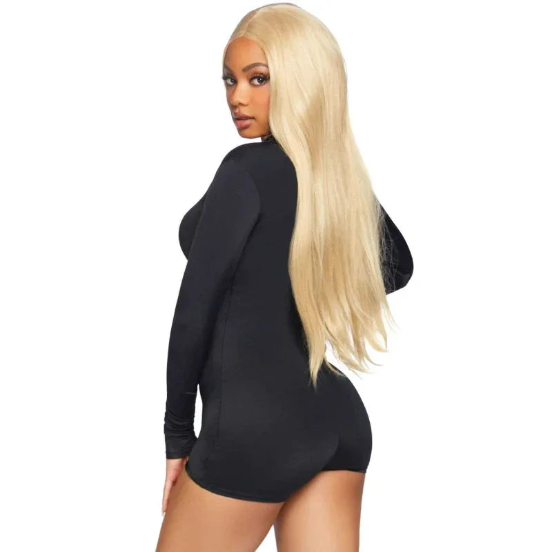Zipper Front Long Sleeved Matte Romper - Small - Black - MyPleasure