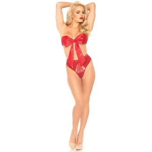 2 Pc Satin Ribbon Gift Bandeau With Hook-N-Eye Back and Matching G-String - Red - Medium - MyPleasure