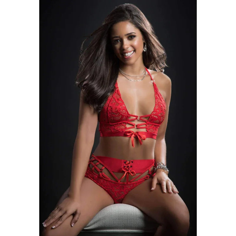 2pc O-Ring Boyshort Halter Top and Stockings - One Size - Candy Red - MyPleasure