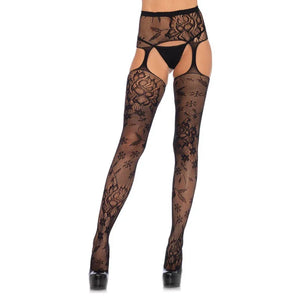 Floral Lace Stockings With Attached Waist Garterbelt - Black - One Size - MyPleasure