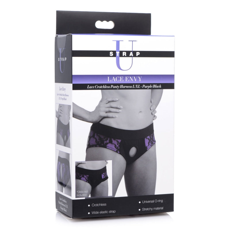 Lace Envy Crotchless Panty Harness - S/ M Black and Purple - Harnesses & Strap-Ons
