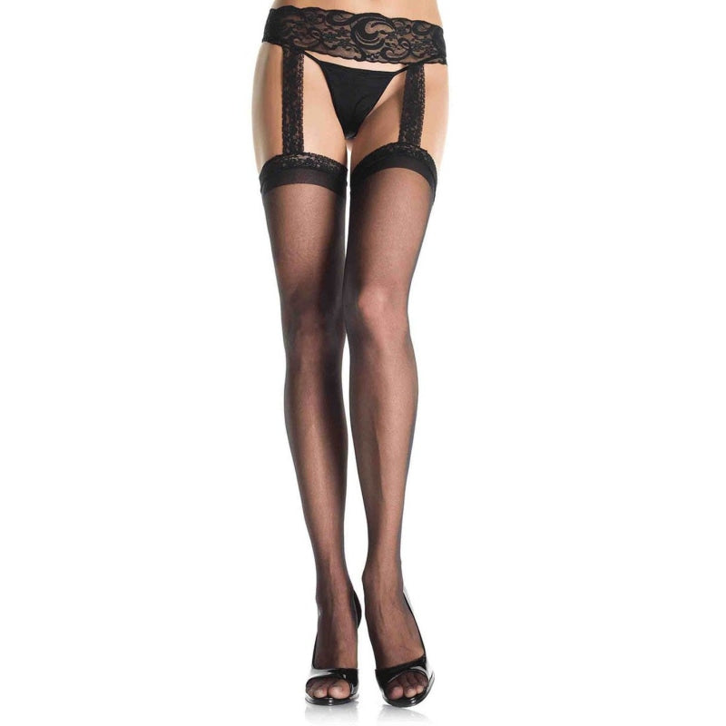 Sheer Lace Top Stockings With Attached Lace Garter Belt - Queen Size - Black LA-1767Q
